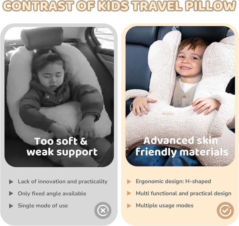 FLORICH Kids Travel Pillow, Car Sleeping Travel Pillow for Kids, Removable H-Shaped Pillow for Adults and Children to Support Head and Body Road Trips with Neck Pillow and Blanket (Beige White) - Image 2